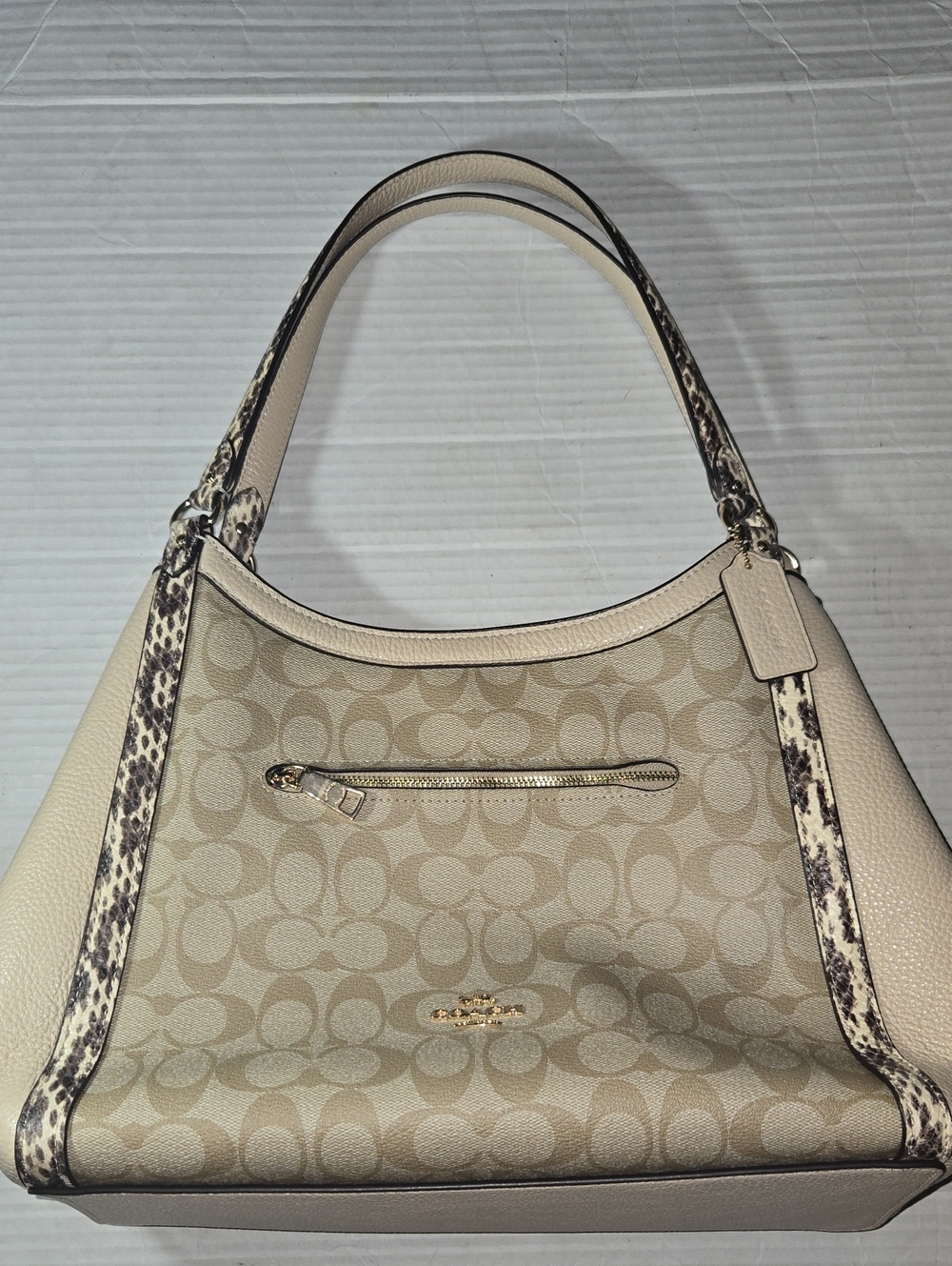 Coach Kristie Beige Signature Canvas Shoulder Bag with Snake-Print Trim